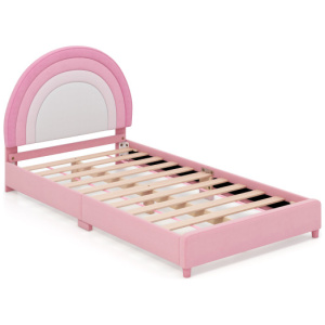 Twin Bed Frame with Height-Adjustable Headboard and Sturdy Wooden Slats-White & Pink