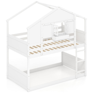 Twin Over Twin Bunk Bed for Kids with Roof and Lockable Window-White