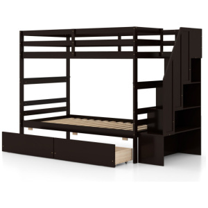 Twin Over Twin Bunk Bed with Storage Stairs and Drawers-Coffee