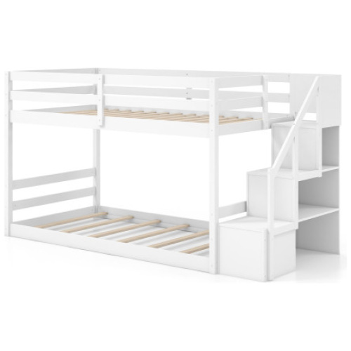 Twin Over Twin Low Bunk Bed with Storage Stairs Solid Wood Floor Bunk Bed Frame-White