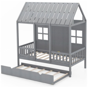 Twin Size Bed Frame House Bed with Trundle and 82 Inch Tall Roof-Gray