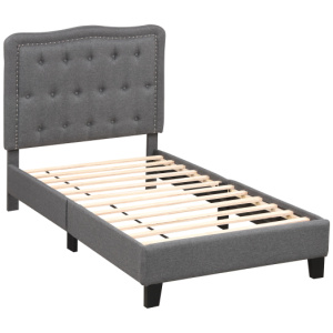 Twin Size Bed Frame with 46 Inch Tall Button Tufted Headboard-Gray