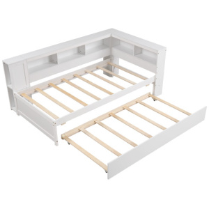 Twin Size Daybed Platform Bed Frame with Trundle and Bedside Shelves-White