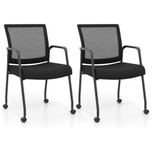 2 Pieces Office Guest Chairs on Wheels with Metal Frame and Armrests-Black