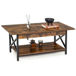 2-Tier Industrial Rectangular Coffee Table with Storage Shelf-Rustic Brown