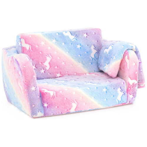 2-in-1 Folding Kids Couch with Blanket Glow in the Dark-Multicolor