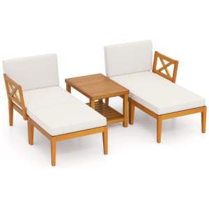 5 Pieces Acacia Wood Patio Chaise Lounge Chair Set with Ottoman and Cushions-White