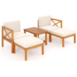 5 Pieces Acacia Wood Patio Lounge Chair Set with Ottomans and Cushions-White