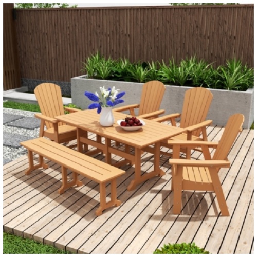 Altura Adirondack Outdoor Rectangle Table and 4 Chairs and Bench, Teak