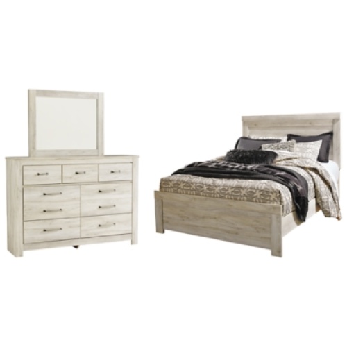 Bellaby Queen Panel Bed with Mirrored Dresser, Whitewash