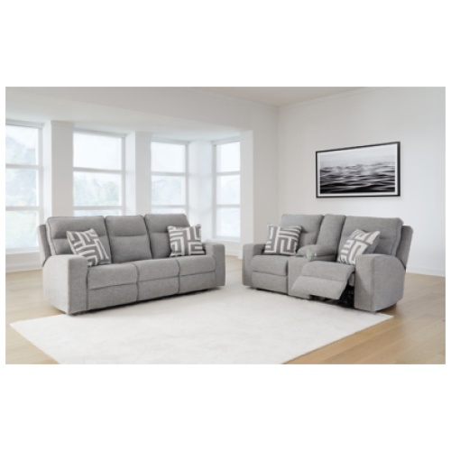 Biscoe Performance Fabric Dual Power Reclining Sofa and Loveseat, Pewter