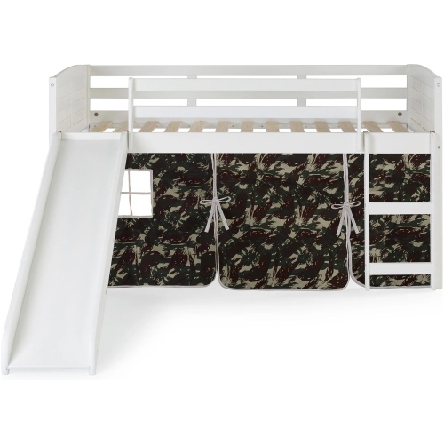 Donco Louver Low Loft Bed with Slide & Camo Print Tent