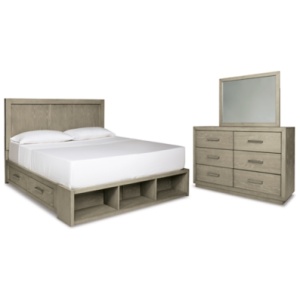 Fawnburg Queen Panel Bed with Storage with Mirrored Dresser, Gray