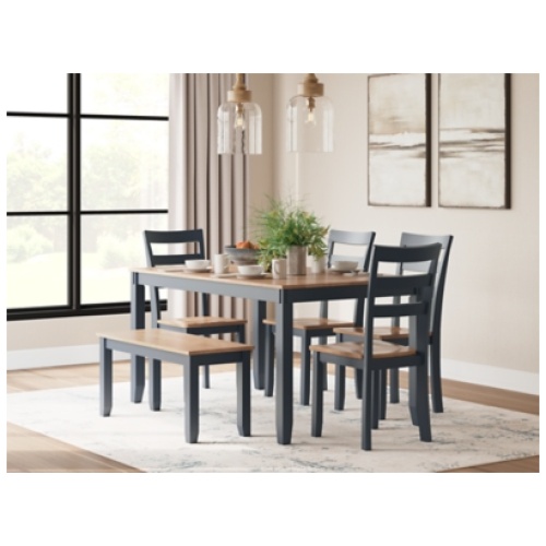 Gesthaven Dining Table with 4 Chairs and Bench (Set of 6), Natural/Blue