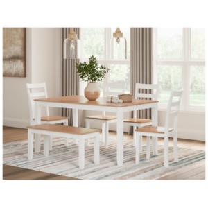 Gesthaven Dining Table with 4 Chairs and Bench (Set of 6), Natural/White