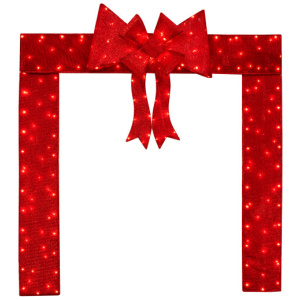 Lighted Christmas Tinsel Doorway Arch with Removable Bow for Roof Door Fireplace