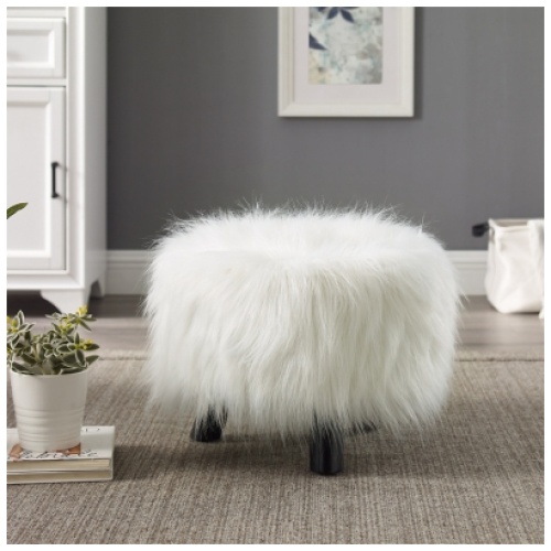 Linon Faux Fur Ottoman, Black