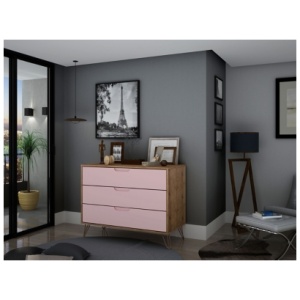 Modern 3 Drawer Dresser, Natural/Rose Pink