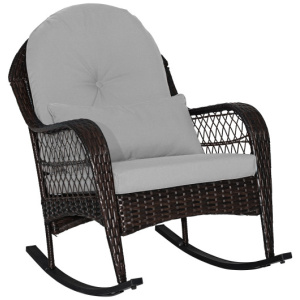 Patio Rattan Rocking Chair with Seat Back Cushions and Waist Pillow-Gray