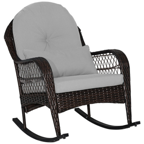 Patio Rattan Rocking Chair with Seat Back Cushions and Waist Pillow-Gray