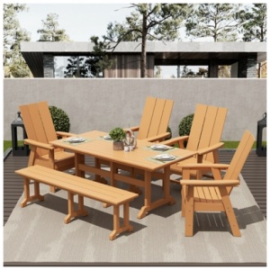 Shoreside Outdoor Curveback Adirondack Dining Table and 4 Chairs and Bench, Teak