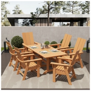 Shoreside Outdoor Curveback Adirondack Dining Table and 6 Chairs, Teak