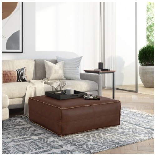 Simpli Home Brody Square Distressed Faux Leather Ottoman, Distressed Dark Brown