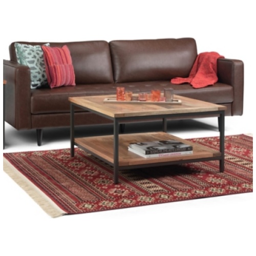 Skyler SOLID MANGO WOOD and Metal 34 inch Wide Square Industrial Coffee Table in Natural, Brown