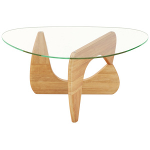 Triangle Coffee Table with Tempered Glass Top and Adjustable Rubber Wood Base-Natural