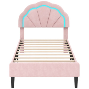 Upholstered LED Bed Frame with Adjustable Flower Headboard and Metal Support Feet Pink-Twin Size