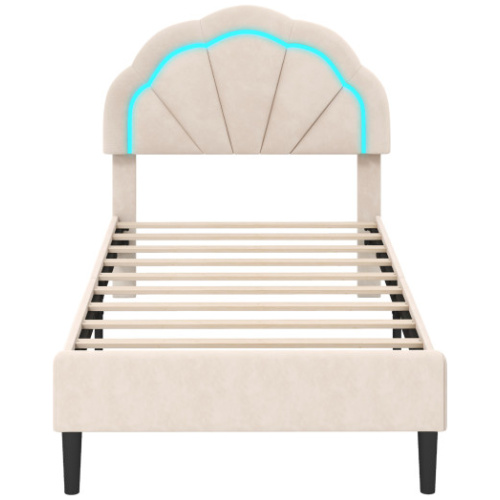 Upholstered LED Bed Frame with Adjustable Flower Headboard and Metal Support Feet-Twin Size