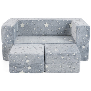 2 Seater Kids Play Couch with Removable and Machine Washable Flannel Cover-Gray