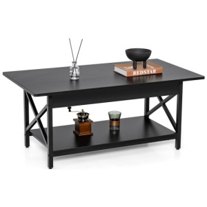 2-Tier Industrial Rectangular Coffee Table with Storage Shelf-Black