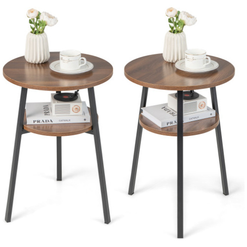 2-Tier Round End Table Set of 2 with Open Shelf and Triangular Metal Frame-Walnut