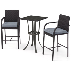 3-Piece Patio Wicker Rattan Bar Height Chairs and Square Table Set-Black