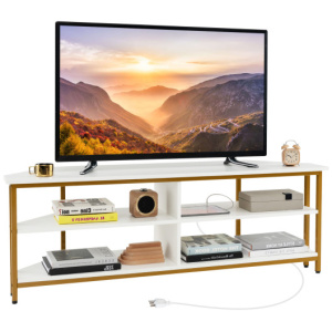 3-Tier Corner TV Stand for TVs up to 65 Inches with Charging Station- White