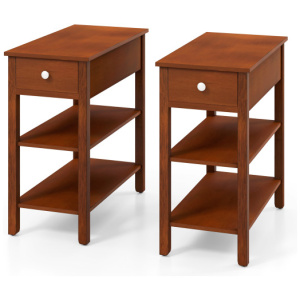 3-Tier Narrow End Table with Drawer and Storage Shelves Set of 2-Brown