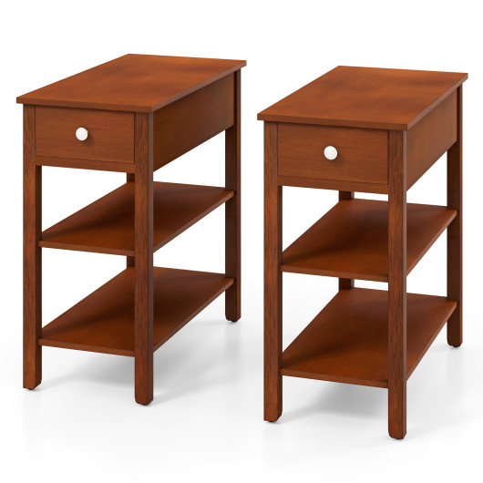 3-Tier Narrow End Table with Drawer and Storage Shelves Set of 2-Brown