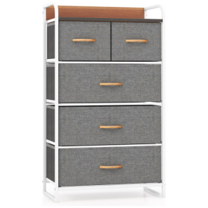 4-Tier Organizer Tower Steel Frame Wooden Top Storage with 5-Drawer Dresser-Gray