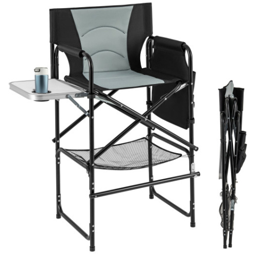 46 Inches Tall Directors Chair with Foldable Side Table and Footrest-Gray