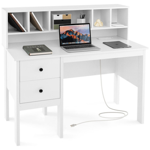 48 Inch Computer Desk with Drawers Power Outlets and 5-Cubby Hutch-White