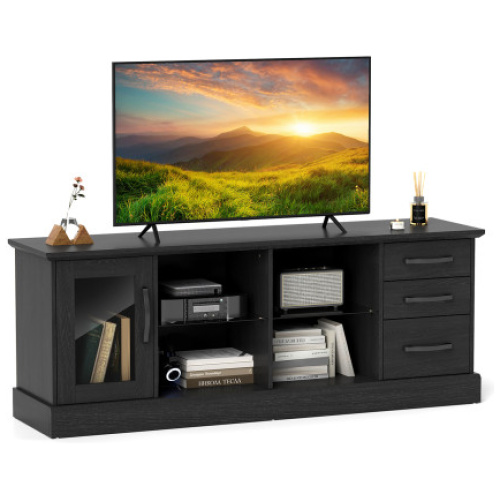 63 Inches Media Console Table with 3 Drawers and 2 Glass Shelves-Black