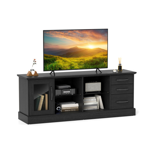 63 Inches Media Console Table with 3 Drawers and 2 Glass Shelves-Black