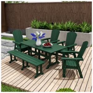 Altura Adirondack Outdoor Rectangle Table and 4 Chairs and Bench, Dark Green