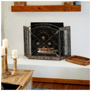 Bayberry Lane Fireplace Screen with Fleur De Lis and Scrollwork Designs, Black