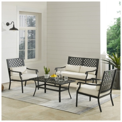 Crosley Furniture Alistair Outdoor Loveseat and 2 Lounge Chairs with Coffee Table, Creme