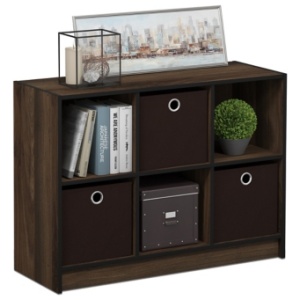 Furinno Basic Bookcase Storage with Bins, Walnut/Dark Brown