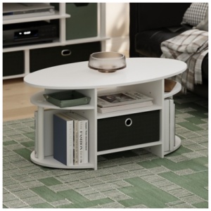 Furinno Jaya Oval Coffee Table with Bin, White