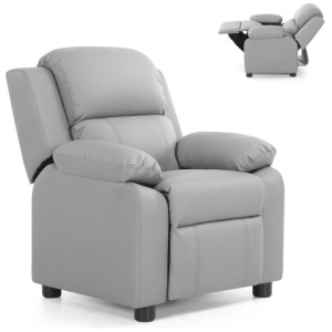 Kids Deluxe Headrest Recliner Sofa Chair with Storage Arms-Gray