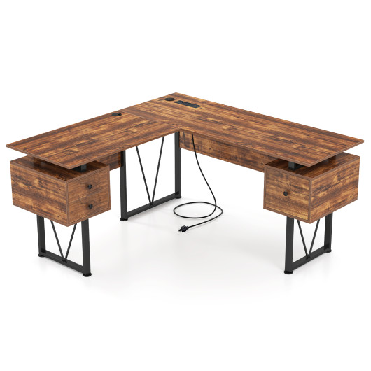 L-shaped Computer Desk with Power Outlets and 3 Storage Drawers-Rustic Brown